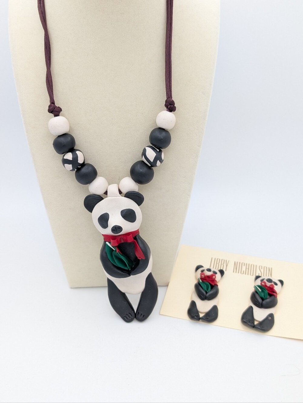 Libby Nicholson Handsculpted Clay Panda Jewelry Set #10073
